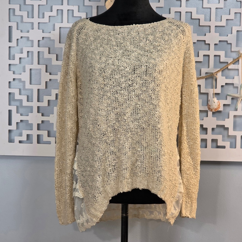 Katsumi Women Cream Open Knit Sweater Lace Trim Layered Hem Boho Small